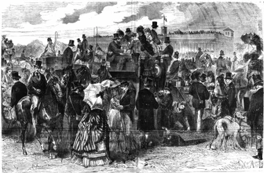 Wyścigi Longchamps: Le Grand Prix de Paris, -w „Le Figaro”, ilustrowany dodatek z niedzieli 6 czerwca 1875, rys. Lançon.