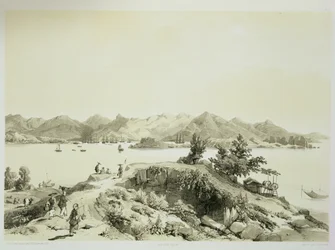 Zatoka i wyspa Hongkongu, tablica 4 ze „Szkiców Chin”, rytowana przez Eugene Ciceri (1813-90) 1842 (podbarwiony lit)