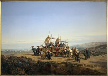 Podróżnicy używają rydwanu z żaglami i strzelają do mężczyzn. Malarstwo Auguste Borget