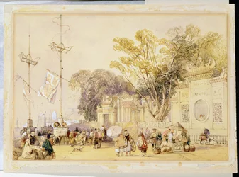 Village Square w Zatoce Hongkongu, tablica 5 ze „Szkiców Chin”, rytowany przez Eugene Ciceri (1813-90) 1842 (podbarwiony lit)
