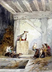 Ilustracja do bajki „Sobór prowadzony przez szczury” autorstwa Jeana de La Fontaine. Akwarela Auguste Delierre (1829-c.1890)