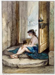 Ilustracja do bajki „Człowiek, który goni fortunę i człowiek, który czeka na niego w swoim łóżku” autorstwa Jeana de La Fontaine. Akwarela Auguste Delierre (1829-c.1890)