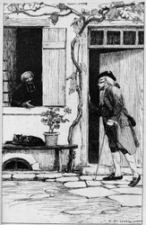 Parafia ze wsi Ermenonville zaprasza do swojej plebanii filozofa Jana Jacquesa Rousseau (1712-1778). Oise (60). Ilustracja Auguste Francois Gorguet (1862-1927)