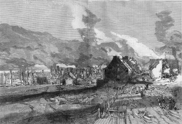 Widok ruin miasta Quebec (Kanada) po pożarze w czerwcu 1881 r. Grawer Lepere w „Świat ilustrowany” nr 1267 z 9 lipca