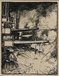 Bomba eksplodująca na kirysie z wycelowanymi armatami, 1914.