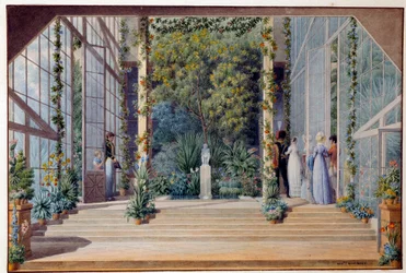 Wizyta w ogrzewanej oranżerii zamku Malmaison, 1823. Wymiary: 0,16 x 0,24 m. Malmaison, Musée du Château
