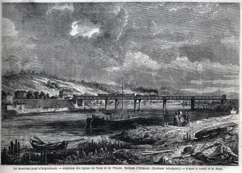 Nowy most ma Argenteuil. Skrzyżowanie linii północnej i zachodniej. Sekcja Ermont (system rurowy). Grawerowanie według szkicu Ralpha w „Le Monde illustrious”, 29.08.1863. Prywatna kolekcja.