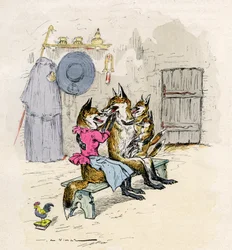 Ilustracja A. Vimara do powieści de Renart (powieść lisa), wydanie Henri Laurens XIX wiek - Goupil i lis Hermelina, jego żona, dom, z dziećmi lisy -