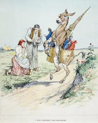 Osioł niosący relikwie w „”Fables de La Fontaine, il. autor: Auguste Vimar (1851-1916), Tours, w A, Mame & Fils