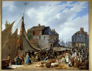 Zaokrętowanie bydła na pasażera”” w porcie Honfleur”” Obraz Auguste-Xavier Leprince (1799-1826) 1823. Wym. 1,3x1,6m.