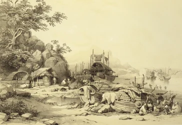 Łodzie mieszkalne na Zatoce Cowloon, tablica 6 ze Szkiców chińskich, rytowana przez Eugene Ciceri (1813-90) 1842 (podbarwiony lit)