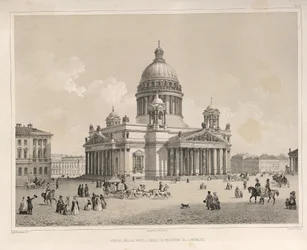 Sobór św. Izaaka widziany z Prospektu Admiralicji Z: Budowa soboru św. Izaaka, 1845 r.