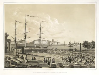Rozładunek dwóch kolumn w Admiralicji Od: Budowa katedry św. Izaaka, 1845