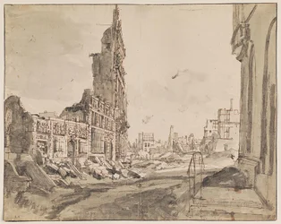 Widok na północno-wschodnie i północno-zachodnie narożniki Grand Place po bombardowaniu w 1695 r.