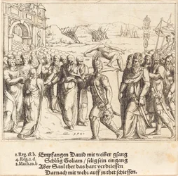 Dawid jest witany po zabiciu Goliata i zazdrości Saula, 1547.