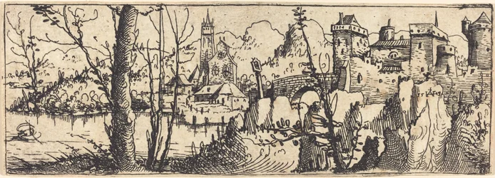 Krajobraz z zamkiem po prawej, otoczony skałami, 1546.