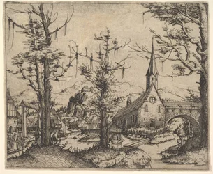 Krajobraz z czterema drzewami i kościołem po prawej, 1545 .