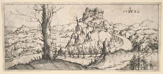 Krajobraz z wysokimi skałami i fortecami, 1546.