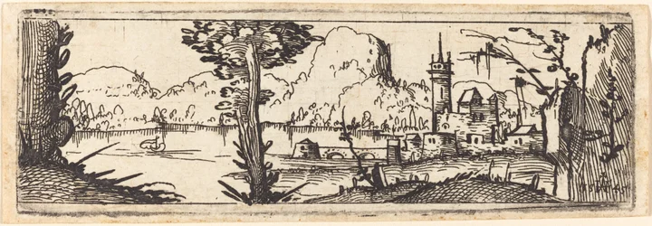 Krajobraz z jeziorem i miastem, 1545.