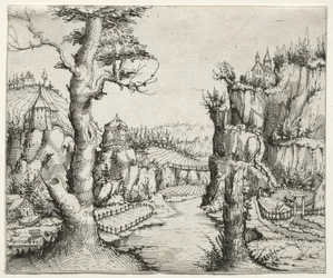 Krajobraz rzeczny ze skałami po lewej i po prawej, 1546.