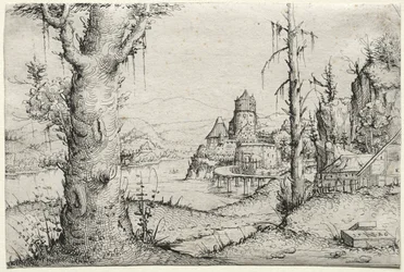 Krajobraz rzeki z dużym drzewem po lewej, 1546.