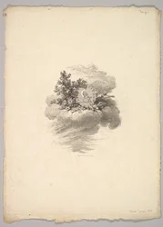 Winieta z monetą na chmurze z różami po lewej i gołębiami poniżej i po prawej..., 1778-80.