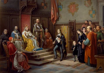 Fryderyk III, naciskany do marszu przeciwko Turkom przez triestowego poetę Raffaele Zovenzoniego, obraz Augusto Tominz (1818-1883)