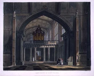 Etono koledžo Ante-Chapel, iš „Etono koledžo istorijos“, „Kolegijų istorijos“ dalis, išgraviruotas Danielio Havelo (1785–1826) pub. pateikė R. Ackermannpoli