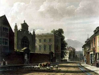 Na zewnątrz Kolegium św. Piotra (Peterhouse), Cambridge, z „Historii Cambridge”, ryt. Joseph Constantine Stadler (fl.1780-1812), wyd. przez R. Ackermanna
