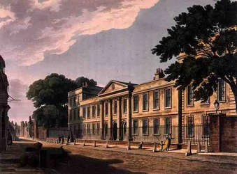 Front Emmanuel College, Cambridge, z „Historii Cambridge”, ryt. Joseph Constantine Stadler (fl.1780-1812), wyd. przez R. Ackermanna