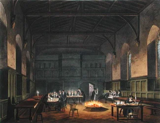 Hall of Westminster School, z „History of Westminster School” Ackermanna, część „History of the Colleges”, grawerowana przez J. Stadlera, opublikowana w 1816 r. (akwatinta)