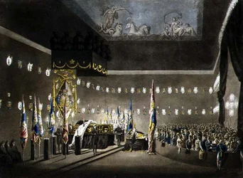 Szczątki lorda wicehrabiego Nelsona leżące w stanie w malowanej komorze w szpitalu Greenwich, grawerowane przez J. Merigot, wyd. 1806 (kolor grawerowany)