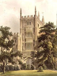 Stara brama w Magdalen College, ilustracja z „Historii uczelni oksfordzkich”, ryt. J. Bluck (fl.1791-1831) wyd. przez R. Ackermanna