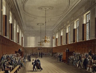 Eton School Room, z "History of Eton College", część "History of the Colleges", rytowane przez Josepha Constantine Stadlera (fl.1780-1812), opublikowane przez R. Ackermanna, 1816 (akwatinta)