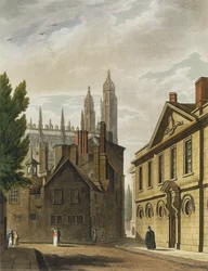 Front Trinity Hall, Cambridge, z "The History of Cambridge", rytowany przez Josepha Constantine Stadlera (fl.1780-1812), wydany przez R. Ackermanna, 1815 (akwatinta barwna)