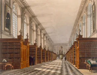 Wnętrze Biblioteki Trinity College, Cambridge, z Historii Cambridge, rytowane przez Daniela Havell (1785-1826), wyd. R. Ackermann, 1815 (akwatinta kolorowa)