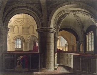 Wnętrze kościoła Grobu Świętego, Cambridge, z „Historii Cambridge”, ryt. J. Hill, wyd. R. Ackermann, 1815 (akwatinta kolorowa)