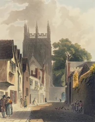 Magpie Lane, Oxford, ilustracja z „Historii Oksfordu” sztychowana przez J. Blucka (fl.1791-1831) wyd. R. Ackermann, 1813 (kolorowa akwatinta)