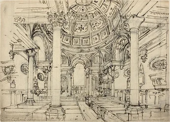 Studium dla Kościoła Walbrook (recto); Szkice żaglówek, ludzi i pontonów (verso)