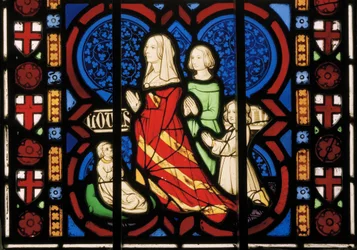Druga żona Pugina, Louisa, z pasierbicą Anną i dwiema córkami Agnes i Katherine, Chapel East Window, ok. 1844 (witraż)