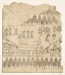 Asyryjczycy poruszający skrzydlatego byka na sankach (Kouyunjik), z Monuments of Niniveh, wyd. 1849 (grawerowanie)