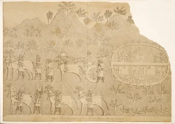 Rydwan i pomocnicy Sennacheryba i zamku na górze (Kouyunjik), z Monuments of Niniveh, wyd. 1849