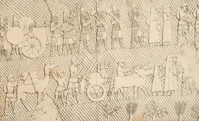 Detal z jeńców i łupów z miasta Lachich, ilustracja z Monuments of Niniveh, 1858