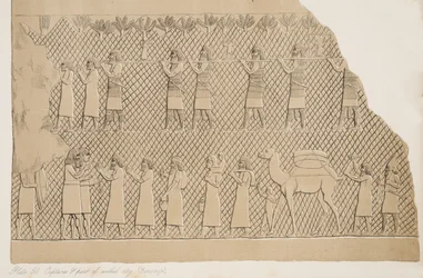 Detal z jeńców i część otoczonego murami miasta (Kouyunjik), ilustracja z Monuments of Niniveh, 1858