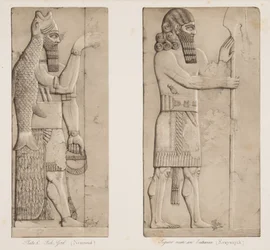 Bóg Ryby (Nimroud) i Figura przy wejściu (Kouyunjik), z Monuments of Niniveh, wyd. 1849