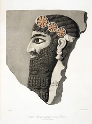 Głowa uskrzydlonej postaci w diademie, z Monuments of Niniveh, wyd. 1849