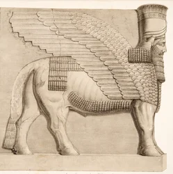 Ludzka głowa byka i skrzydlata postać z bramy w murze otaczającym Kouyunjik, z Monuments of Niniwa, pub. 1849