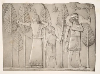 Myśliwi z Gazelą, zającem i ptakami (Khorsabad), z Monuments of Niniveh, wyd. 1849
