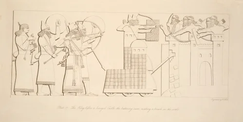 Król przed oblężonym zamkiem, taran robiący wyłom w murach, z Monuments of Niniveh, pub. 1849