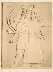 Dwóch łuczników i Tarczownik, z Monuments of Niniveh, wyd. 1849